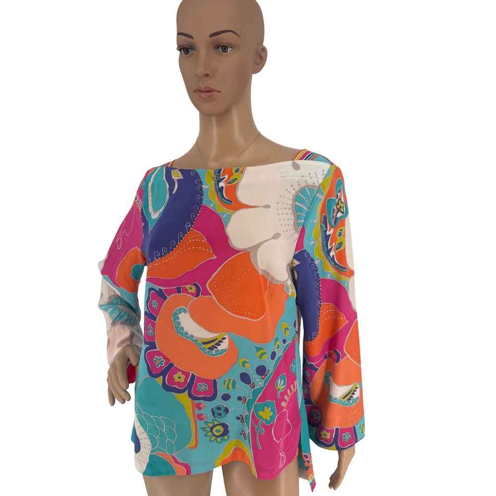Trina Turk Silk Blouse Womens Medium Multicolored Floral Boat Neck Top - Picture 2 of 16